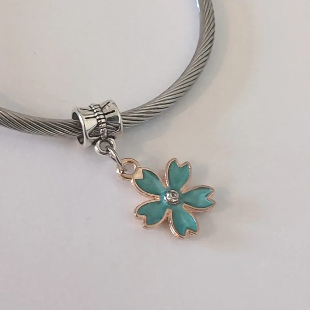 Gold‎ with Blue Enamel Flower Dangle Charm for Pandora Style Bracelet